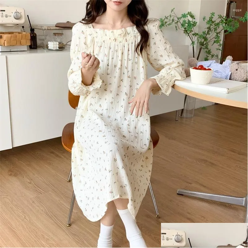 Women`s Sleepwear Autumn French Elegant Nightdress Women`s Vintage Floral Square Neck Long Sleeve Pajamas Princess Style Cotton