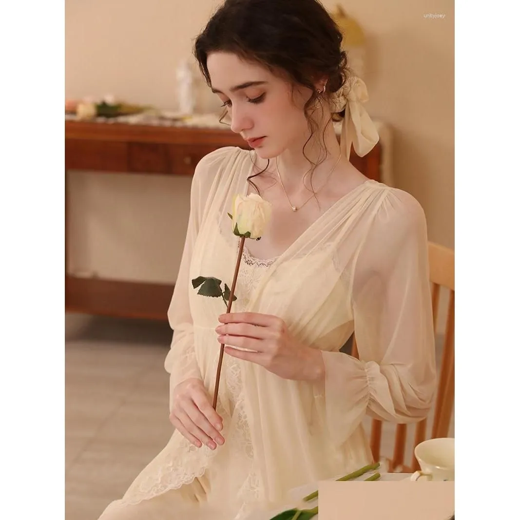 Women`s Sleepwear 2023 Spring French Princess Women Long Sleeve Mesh Fairy Romantic Pajamas Nightdress Sweet Sexy Home Clothes