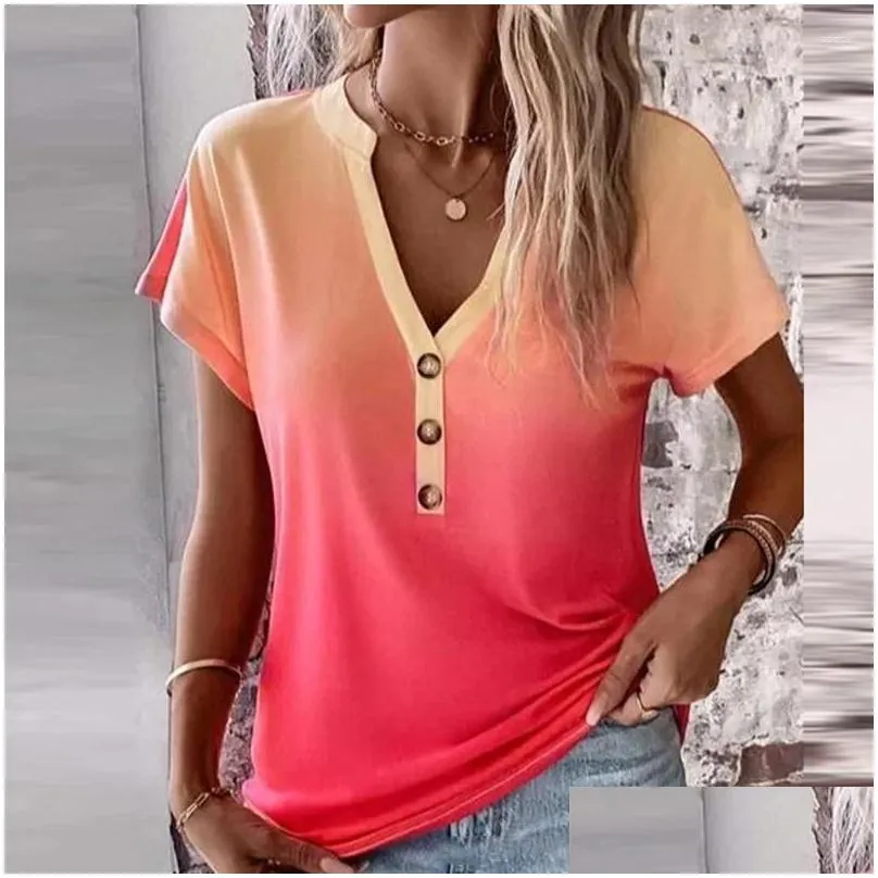 Women`s Blouses Spring Elegant V Neck Button Blouse Shirts Women Gradient Print Patchwork Office Top Summer Short Sleeve Streetwear