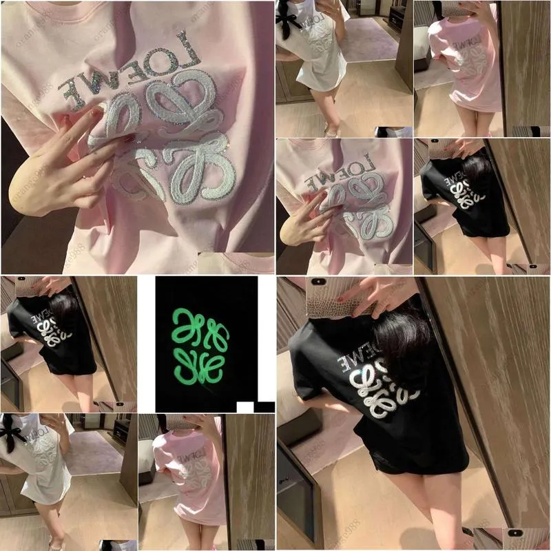 Low Home 23 New Sequin T-shirt for Women Heavy Industry Nightlight Embroidery Letters Fashion Casual Special Highlighting Personality