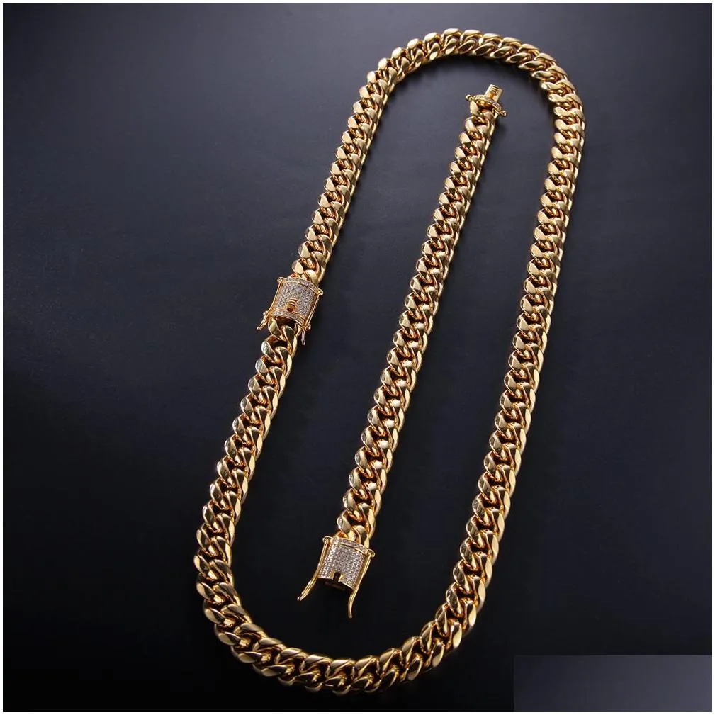 Bracelet & Necklace 12Mm Crystal Zircon Stainless Steel Cuban Chain Gold Diamond Link Necklaces For Men Nightclub Hip Hop Fashion Jew Dhj9E