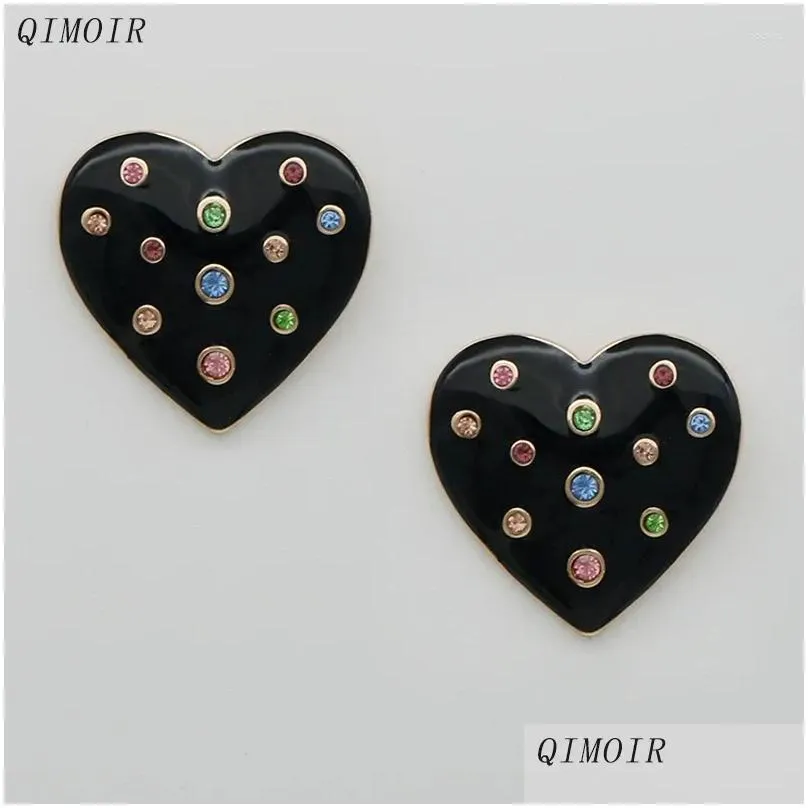 Stud Earrings Black Epoxy Metal Post Heart For Women Colorful Glass Stone Large Statement Studs Vintage Fashion Style Party C1181