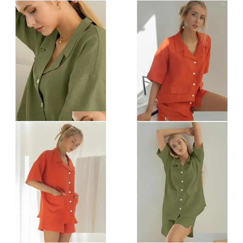 Women`s Sleepwear Hiloc Green Cotton Pajamas For Women Sets Double Pockets Half Sleeve Short Single-Breasted Loungewear Orange Lapel