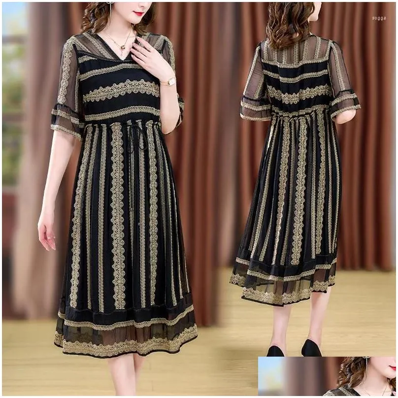 Party Dresses Summer Versatile Silk Embroidery Dress 2024 Elegant Vintage V-Neck 5/4 Sleeve Loose Fit Casual Holiday Vestidos