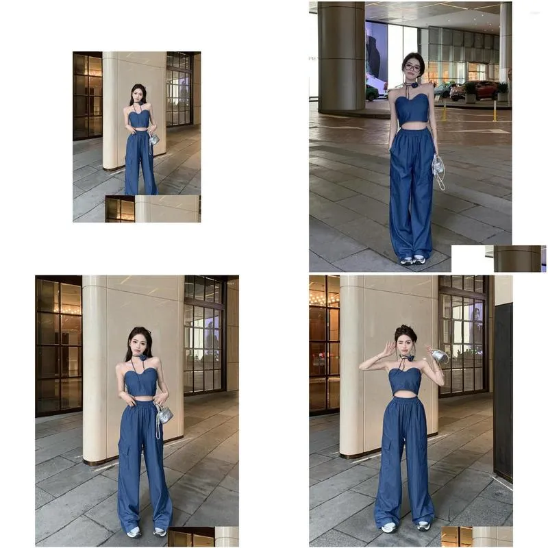 Women`s Two Piece Pants Retro Girls Suit Women`s Strapless Vest Summer High Waist Slim Wide Leg Floor Dragging Two-piece Set Female