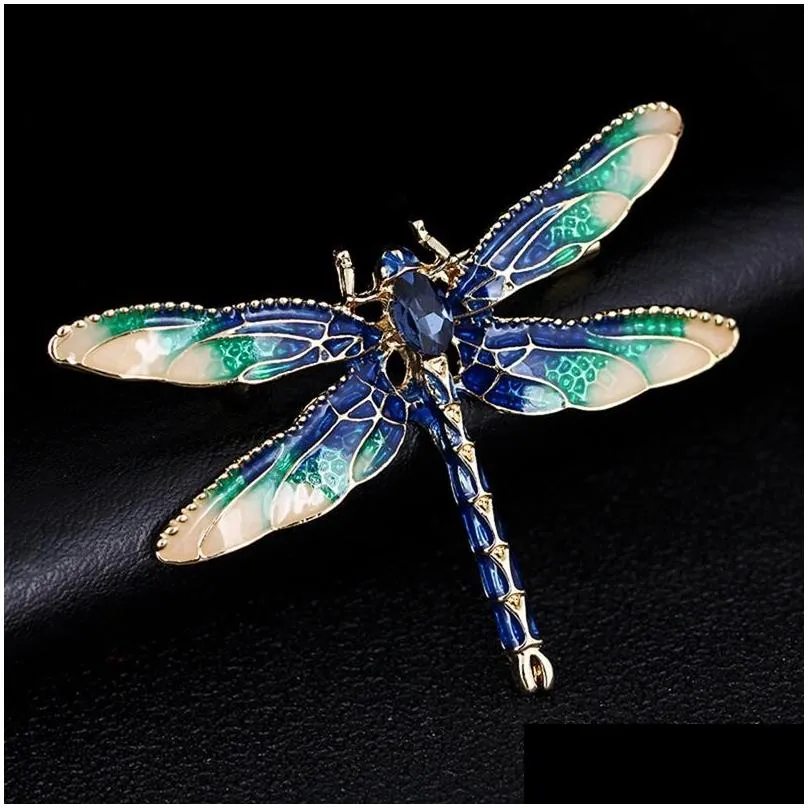 Pins, Brooches Dragonfly Brooch Luxury Designer Rhinestone Crystal Pins Gold Alloy Enamel Pin Vintage Fashion Women Wedding Garments Dhn7E
