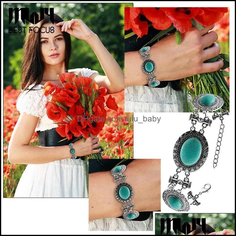 Charm Bracelets Traditional Turquoise Sliver Plated Bracelet Natural Stone Bangle For Women Pseras Wedding Drop Delivery Jewelry Dhquz