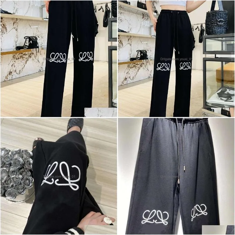 Women`S Pants & Capris Spring Women Designer Trousers Fashion Letter Embroidery Sweatpants Casual Solid Color Dstring High Waist Slac Dhyvu