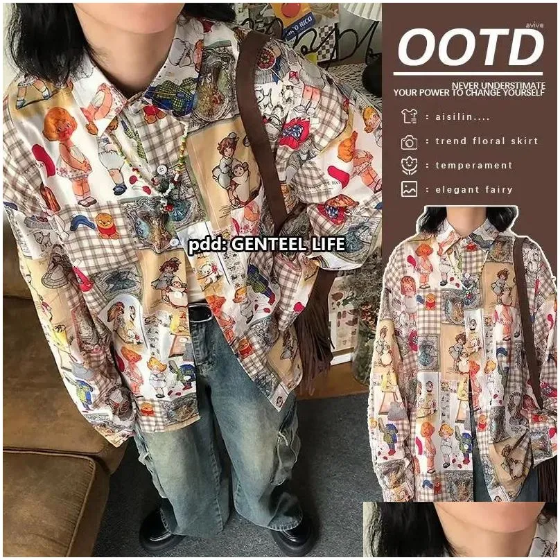 Women`s Blouses Y2K Vintage Oversized Shirt Autumn 2024 Lazy Style Top With Japanese Retro Plaid Prints Kawaii Clothes