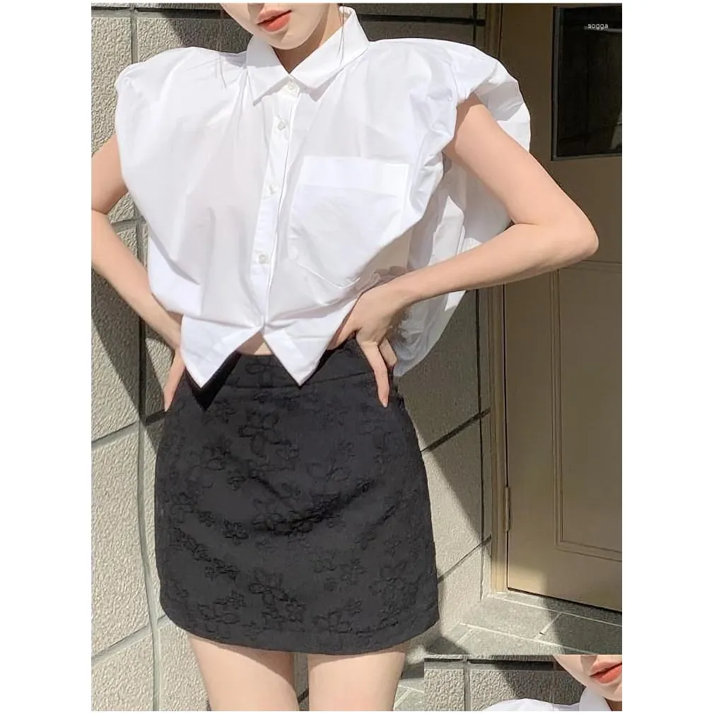 Women`s Blouses Designer Oversize White Crop Shirt Women Sleeveless Korean Fashion Polo Collar Cool Blouse Preppy Loose Casual 2023