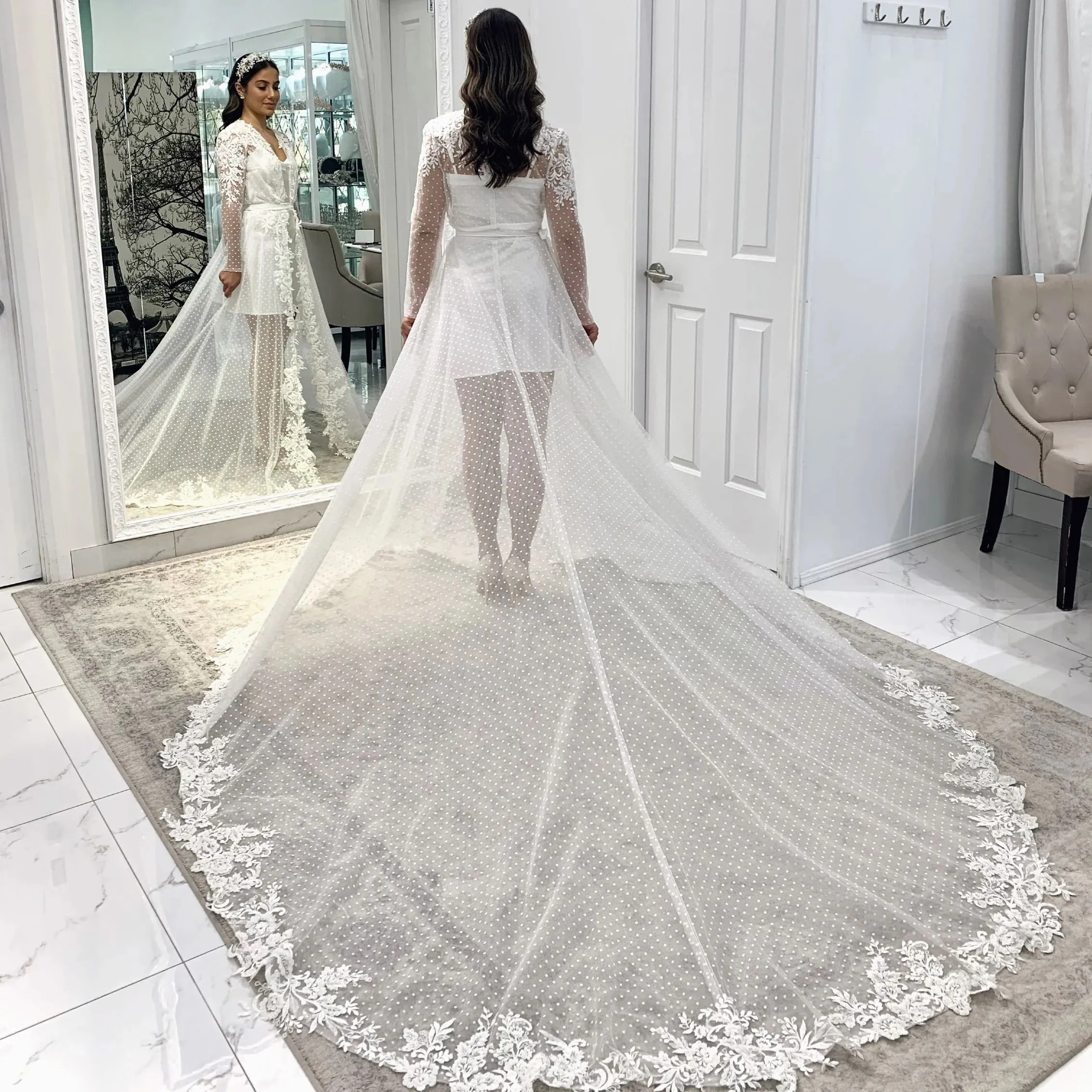 2024 Two Pieces A Line Wedding Dresses V Neck Lace Appliques Crystal Beads Illusion Long Sleeves Wraps Jacket Cape Cloasks Bridal Gowns wedding dress