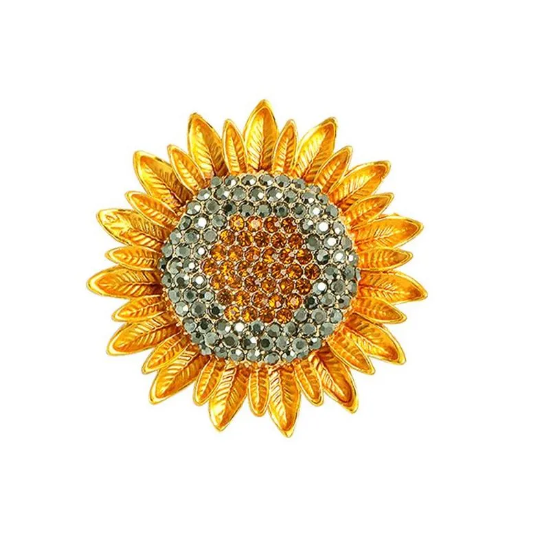 Pins, Brooches Crystal Sunflower Brooch Classic Gold Color Jewelry For Women Gift Cute Zircon Stone Pin Dress Coat Accessories Drop D Dhiw3