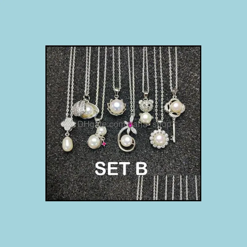 Pendant Necklaces 4 Set Pearl For Female Girl 925 Sier Necklace 7-9Mm Oblate White Wedding Christmas Gift Box Drop Delivery J Dhgarden Dhzgu