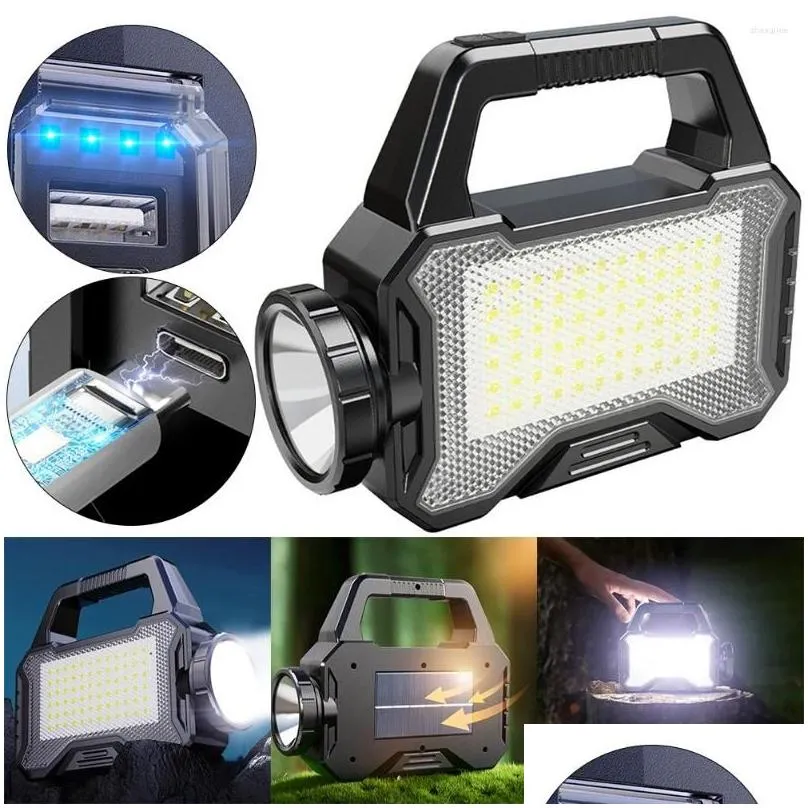 Portable Lanterns Handheld Spotlight Torch Solar Camping Lantern Long Range Outdoor Emergency Light Waterproof COB Super Bright For