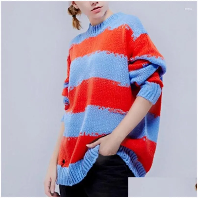 Women`s Sweaters 2023 Spring And Autumn Sweater Mohair Striped Hole Loose Casual Knitted Pullover