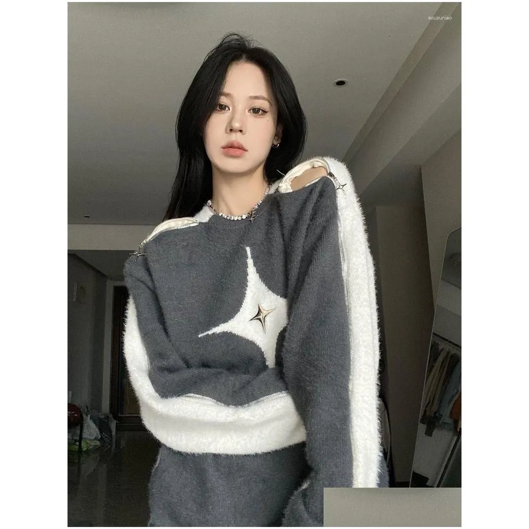 Women`s Sweaters Women`s 2024 Retro Contrast Color Star Sweater Sexy Slash Neck Off Shoulder Long Sleeve Tops Autumn Harajuku Fashion