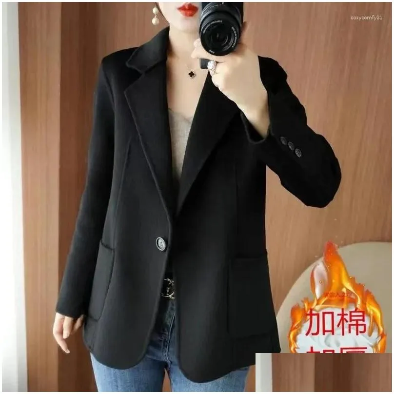 Women`s Suits Autumn Winter Woolen Blazers Solid Single Button Short Jacket Elegant Lady Casual Office Suit Coat Outerwear Female