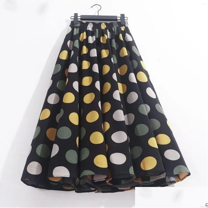 Skirts Summer Women Printed Dot Dresses Elastic High Waist Casual Loose A Line Midi Long Flowy Vestidos