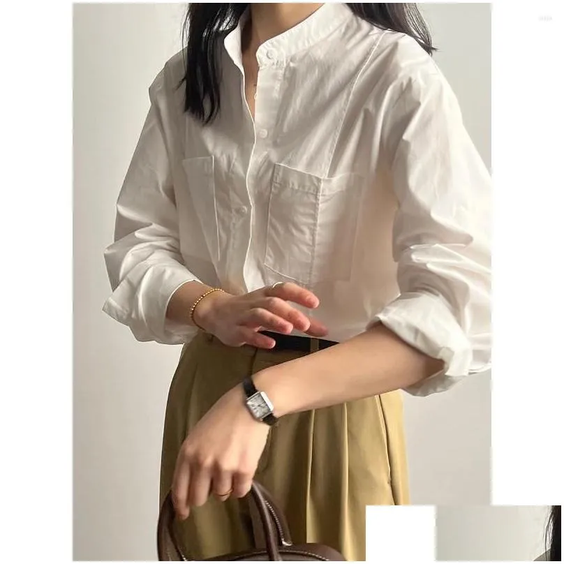 Women`s Blouses Standing Collar Shirt Woman Cotton