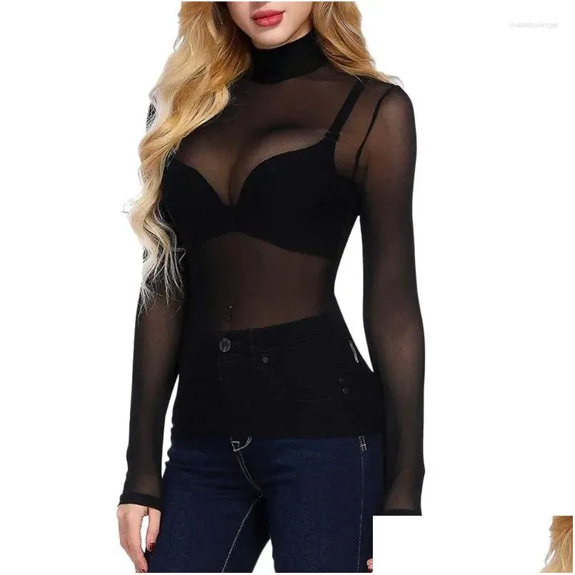 Women`s T Shirts 2024 Sexy Long Sleeved Mesh Lace High Neck Perspective Top Underlay Four Seasons Style YDL20