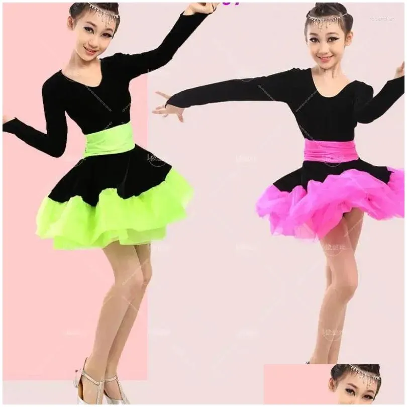 Stage Wear Professional Girl Long Sleeves Latin Dance Dress Children Ballroom Dancing Kids Salsa Rumba Cha Tango