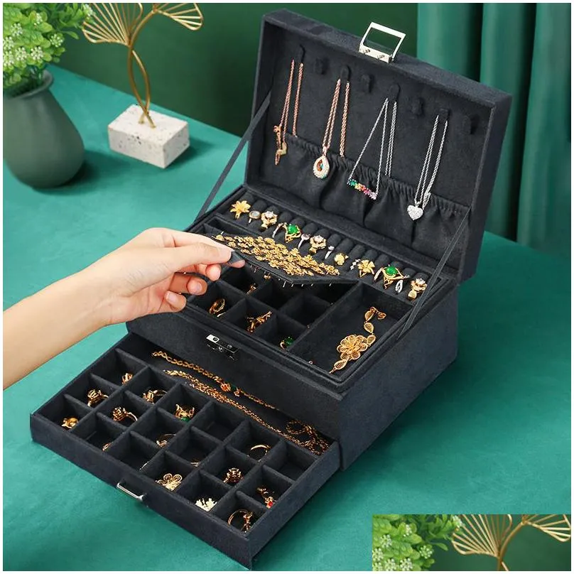 jewelry boxes we oversized 3-layes black flannel jewelry box boite a bijou jewelry organizer necklace earring ring storage box for women gifts