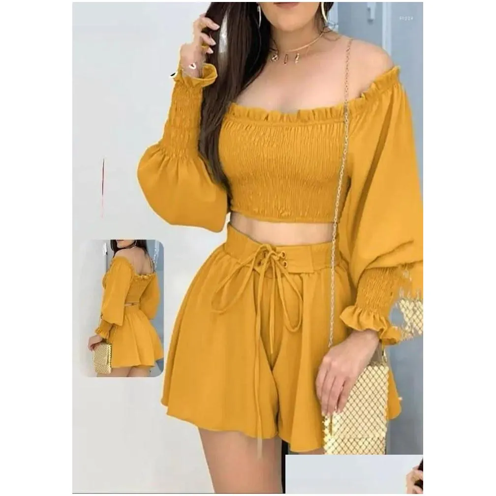 Women`s Tracksuits 2 Piece Sets Women Outfit Solid Color One Shoulder Short Tops Drawstring Leace-up Shorts Set Casual Ladies Pants