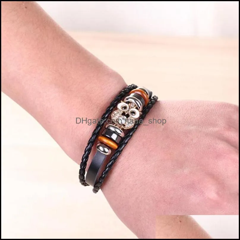 Charm Bracelets Crytal Owl Woven Genuine Leather Men Jewelry Pseira Mascino Party Gift Drop Delivery Dhgarden Dhmta