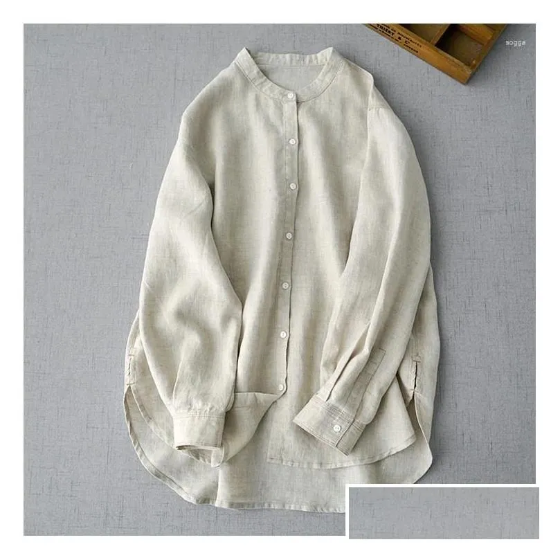 Women`s Blouses Linen Comfortable Long Sleeved Shirt Spring Stand Collar 0805-6