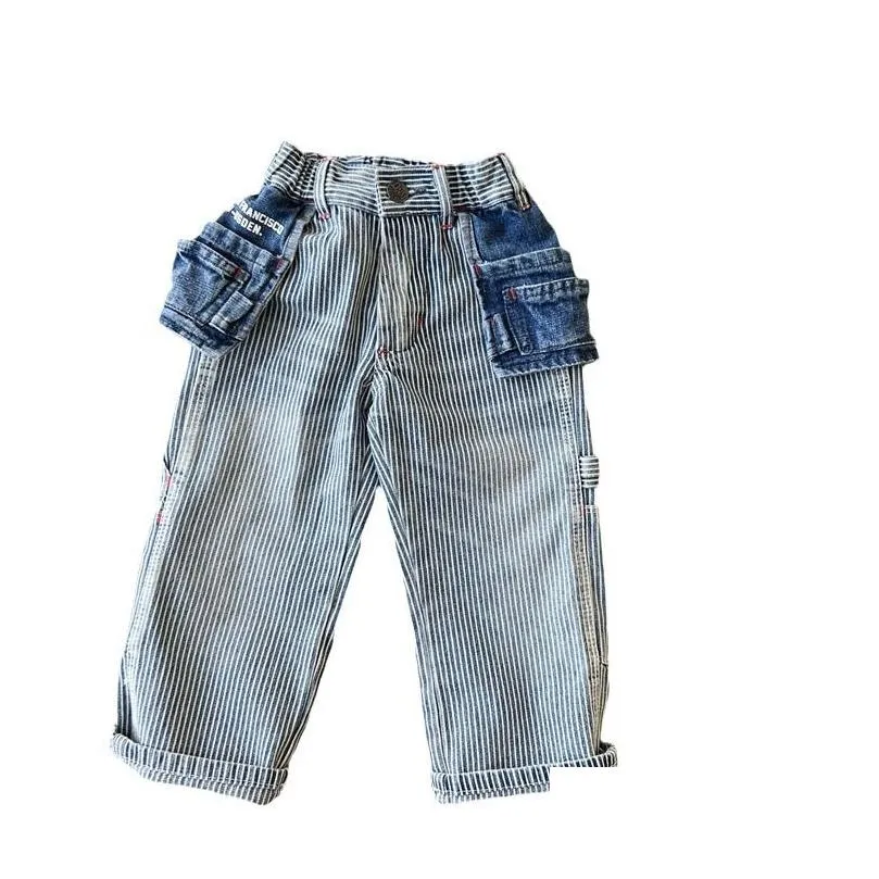 DD style kids stripe jeans girls boys letter printed pocket loose denim cargo pants children elastic waist soft  trousers Z7659