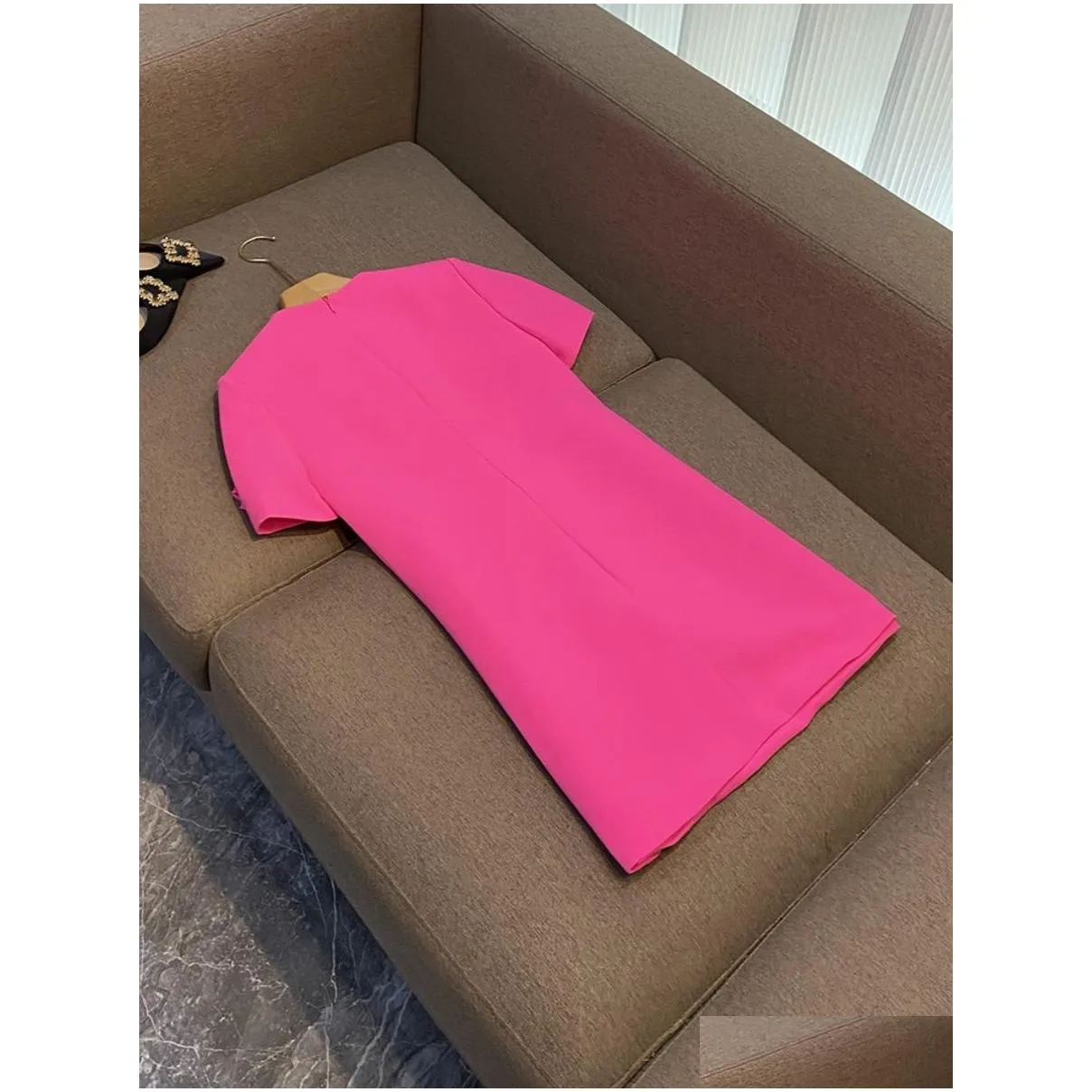 Spring Autumn Hot Pink Solid Color 3D Flowers Panelled Dress Short Sleeve Round Neck Short Casual Dresses O3G292658