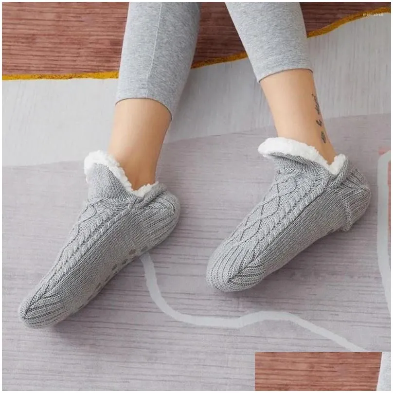 Women Socks Simple Soft Solid Color Non-slip Home Slippers Warm Female Hosiery Winter Floor Shoes Coral Fleece