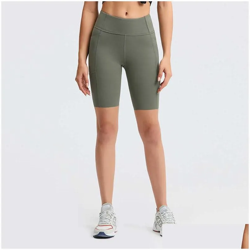 L-14 High Waist Running Cycling Pants Naked Sport Shorts Female Fitness Leggings Yoga Short Side Pockets Tights Quick Dry Gym