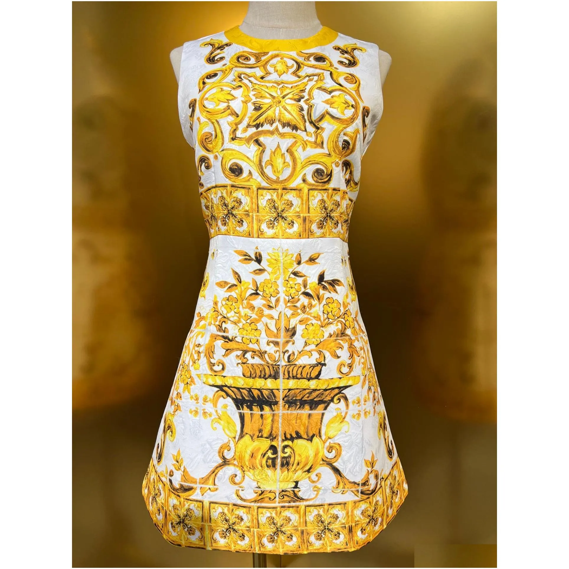 European fashion brand yellow porcelain printed gather waist jacquard vest mini dress