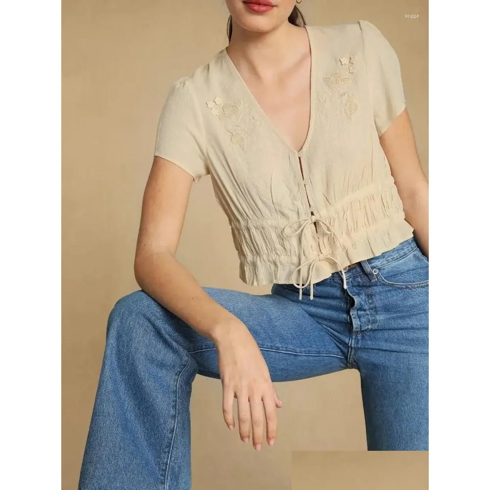 Women`s Blouses Women Shirt 2023 Spring/Summer Embroidered Buttoned Strap Short Sleeve Casual Top