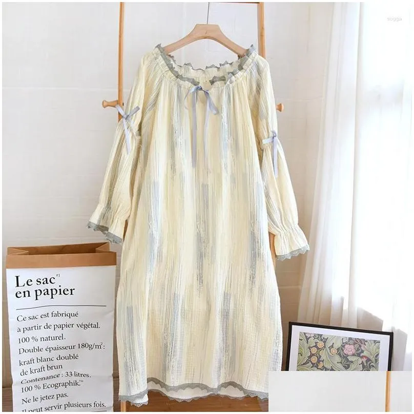 Women`s Sleepwear Crepe Cotton Round Neck Nightdress Summer Long Sleeve Night Gowns Ladies Cute Women Thin Loose Pajama Dress