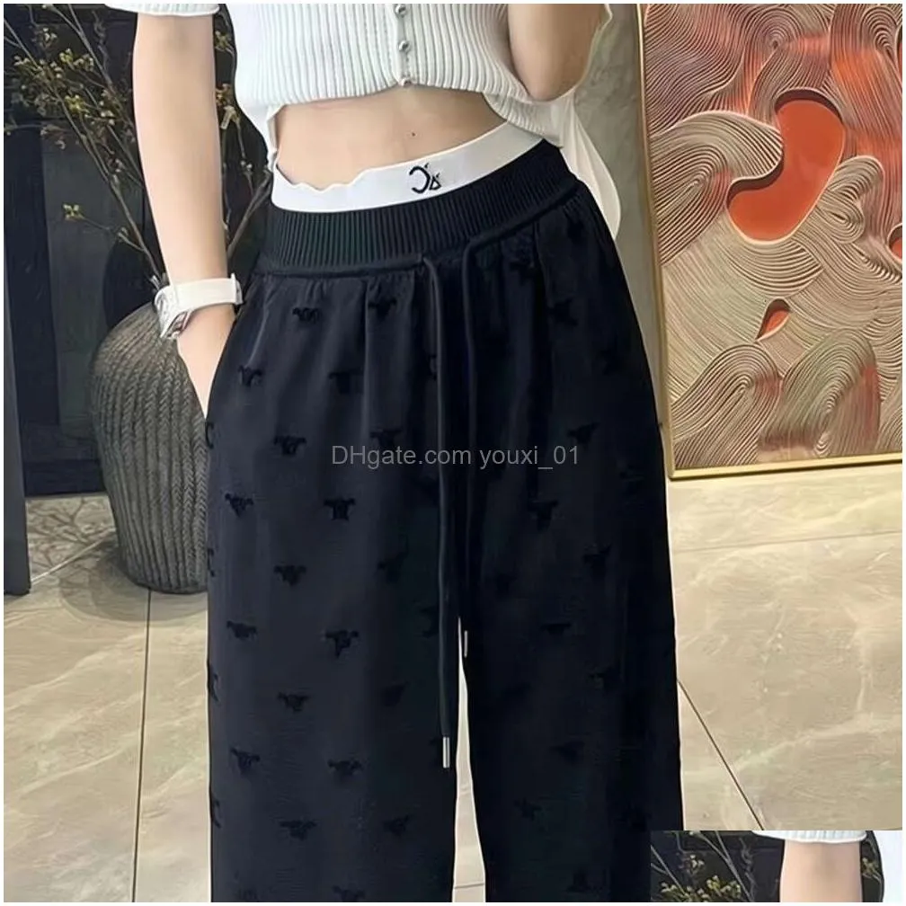 Women`S Pants & Capris Women Designer Trousers Fashion Letter Print Graphic Casual Loose Flocked High-Waisted Straight Drop Delivery Dhltu