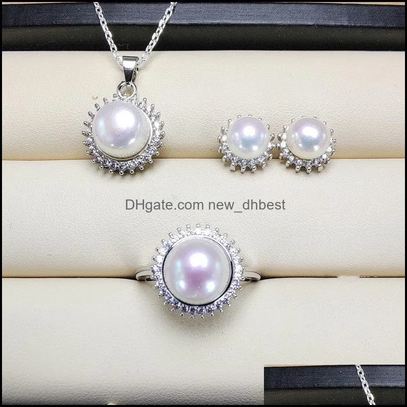 Bracelet, Earrings & Necklace Natural Pearl Pendant Ring Set S925 Sier Stud 12Styles Earring For Women Fashion Jewelry Xmas Dhgarden Dhmg4