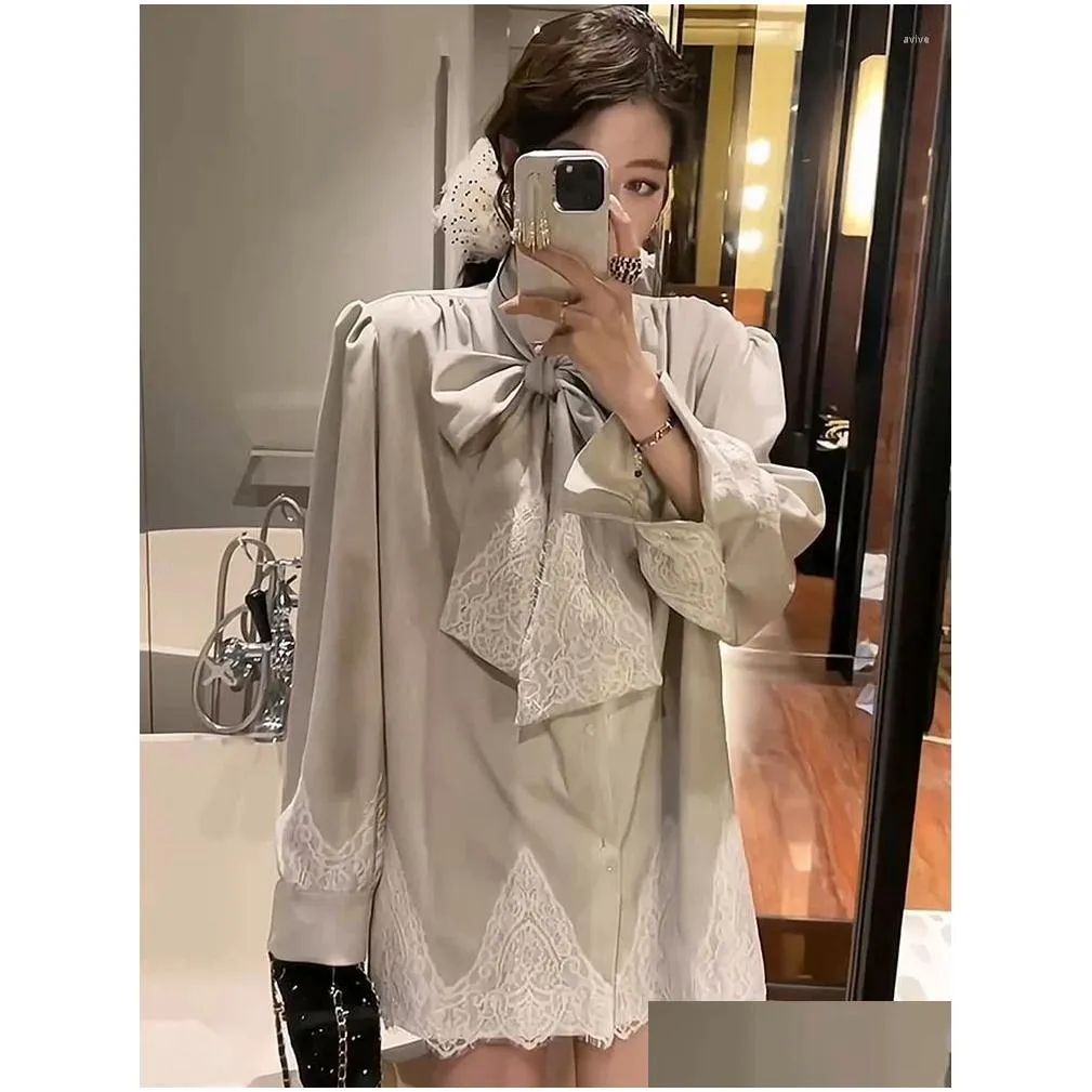 Women`s Blouses Fashion Lace Stitching Bow Shirt 2024 Spring And Summer French Style Long Sleeve Loose Temperament Blouse Top