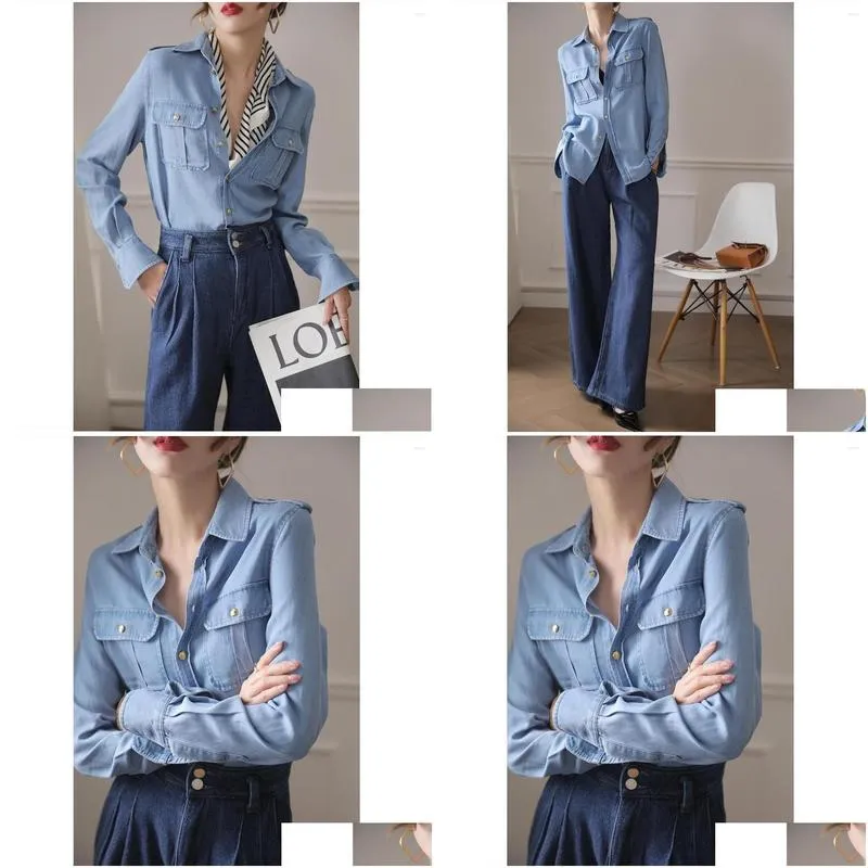 Women`s Blouses Denim Shirt Coat Spring And Autumn Long Sleeve Folding Style Workwear Retro Design Sense Small Top