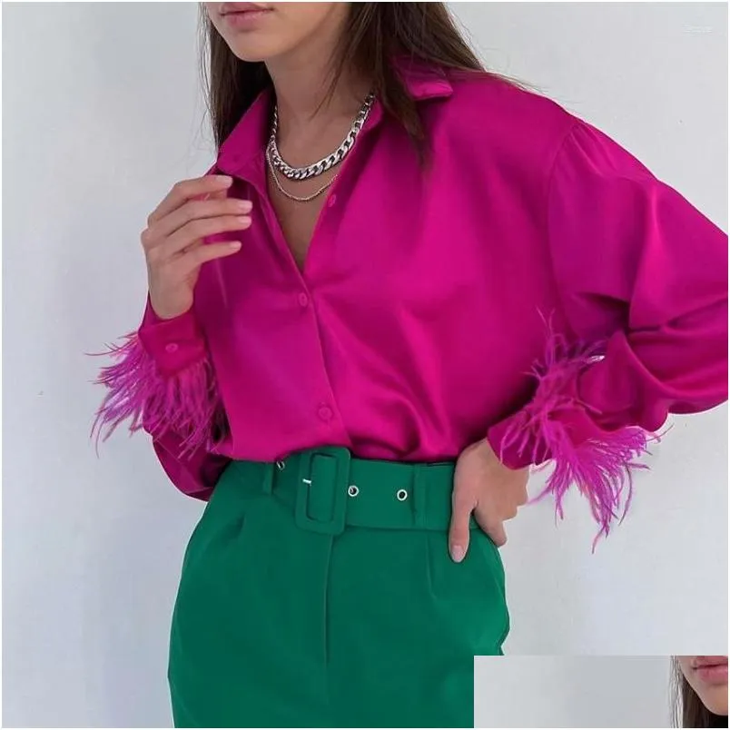 Women`s Blouses 2023 Casual Shirt Autumn Fashion Versatile Ice Silk Feather Panel Ostrich Feathers Womens Shirts Luxury