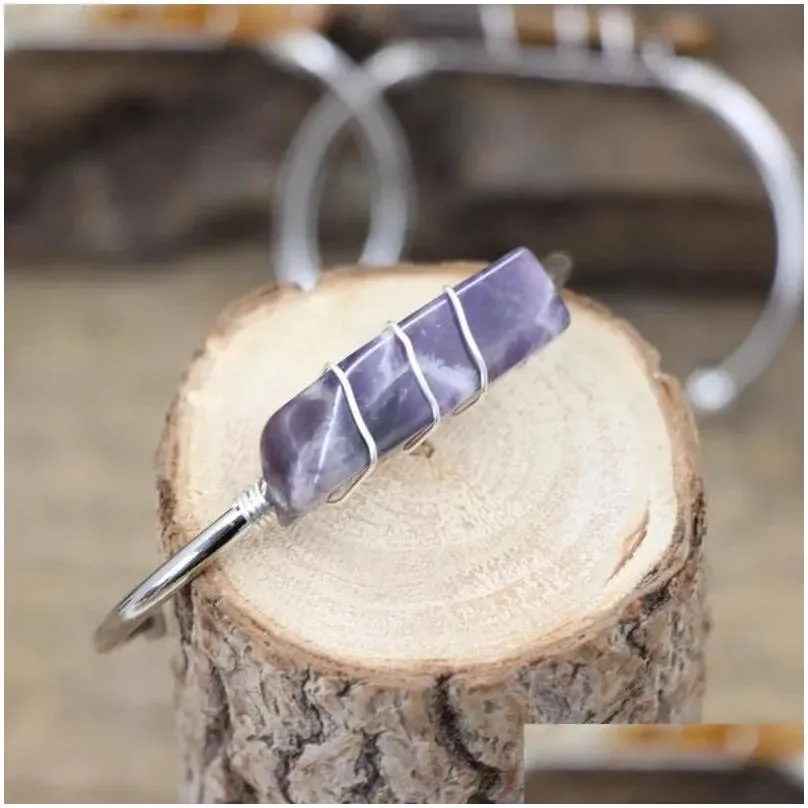 Bangle Natural Stone Slice Open Cuff Bangles Silvery Color Wire Wrap Citrines Rose Quartzs Fashion Women Summer Bracelet Jewelry