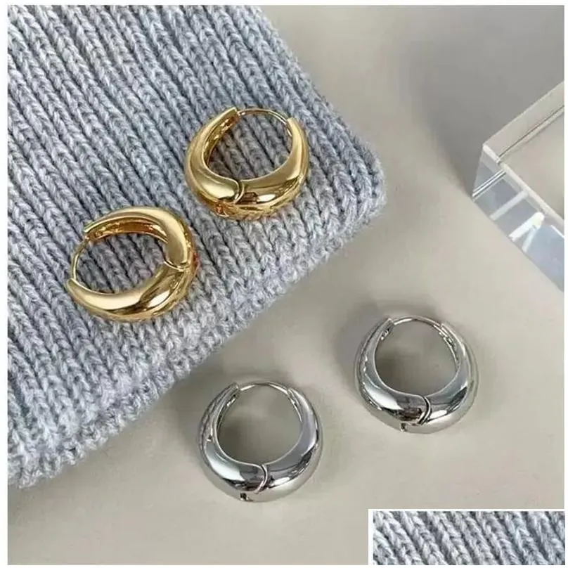 Hoop Earrings 100% Authentic 925 Sterling Silver Big White/Gold Smooth Circle Arc Huggie FINE JEWELRY TlE1215