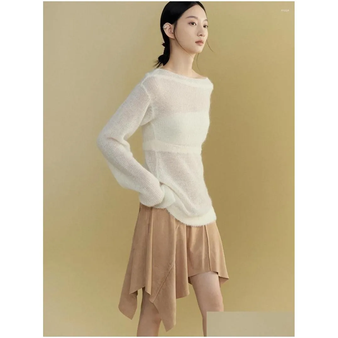 Women`s Sweaters Thin Sweater With Off Shoulder Stripe Wool Knitted