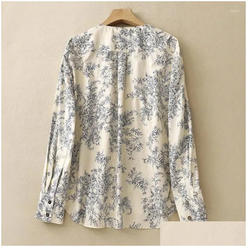 Women`s Blouses Limiguyue Summer Blue And White Porcelain Print Blouse Women Chinese Style O-Neck Long Sleeve Cotton Shirts Causal Tops