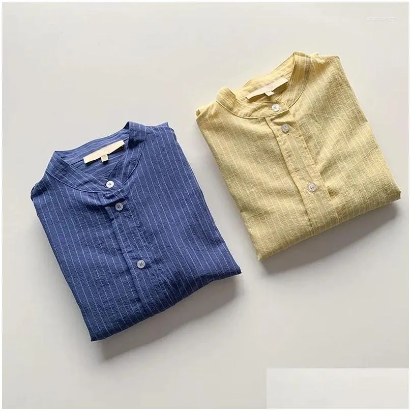 Women`s Blouses Women Shirt 2024 Lightweight Yarn-dyed Stripes Commuter All-match Loose Cotton