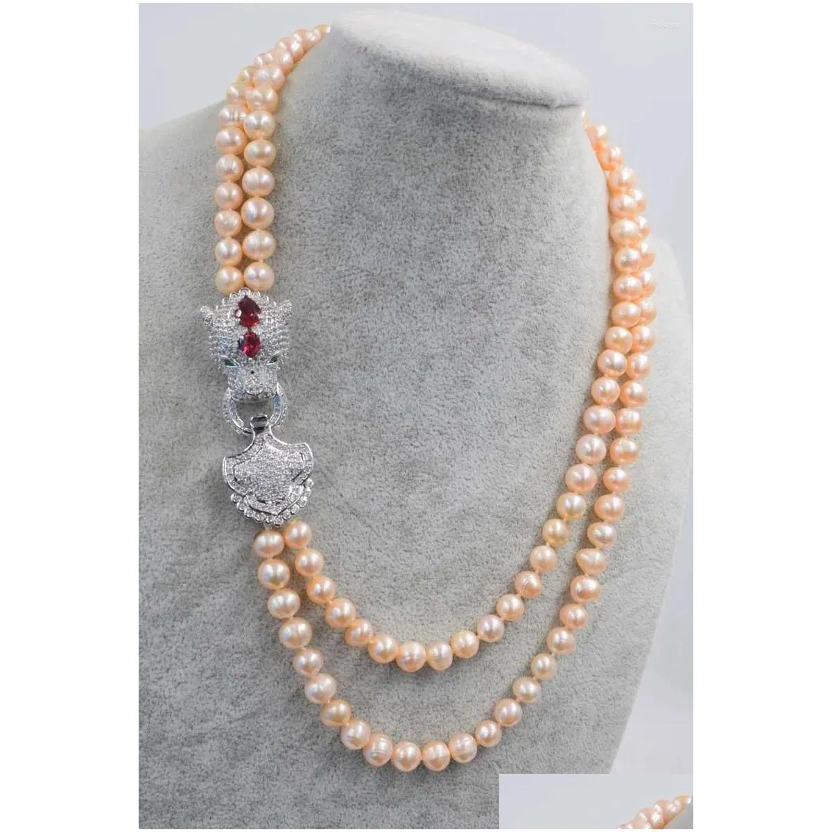 Choker 2rows Freshwater Pearl Pink Near Round 7-8mm Red Leopard Clasp 17-19inch Necklace Wholesale