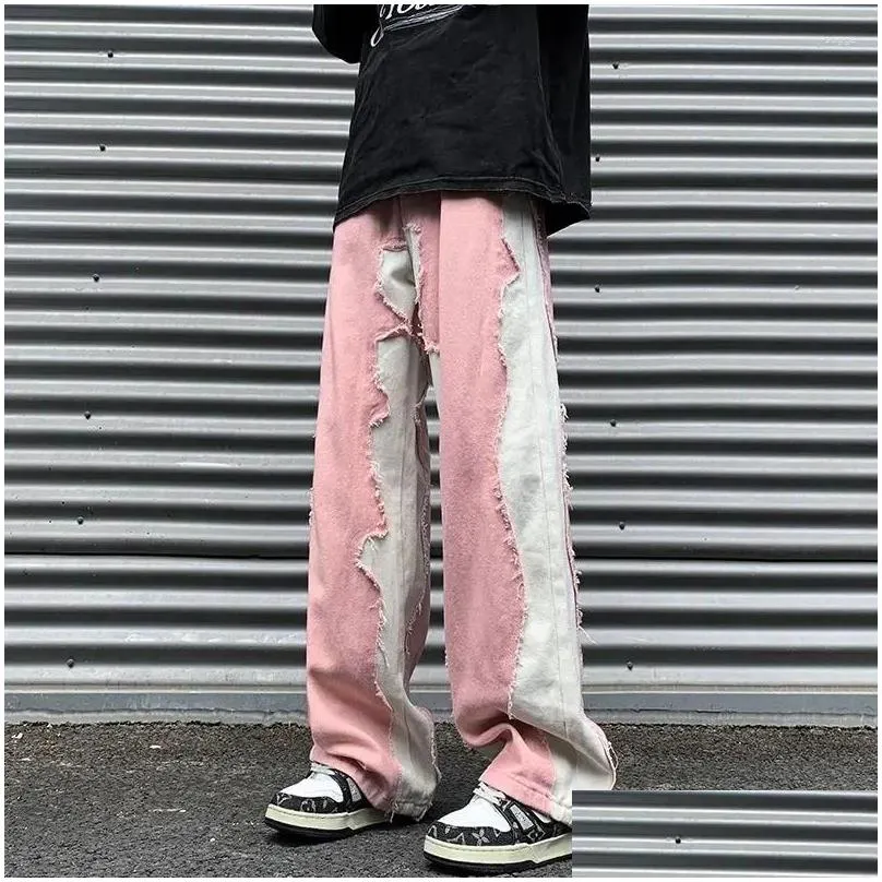 Men`s Jeans Pink American High Street European And Pants Design Sense Splicing Loose Wide Leg For Men