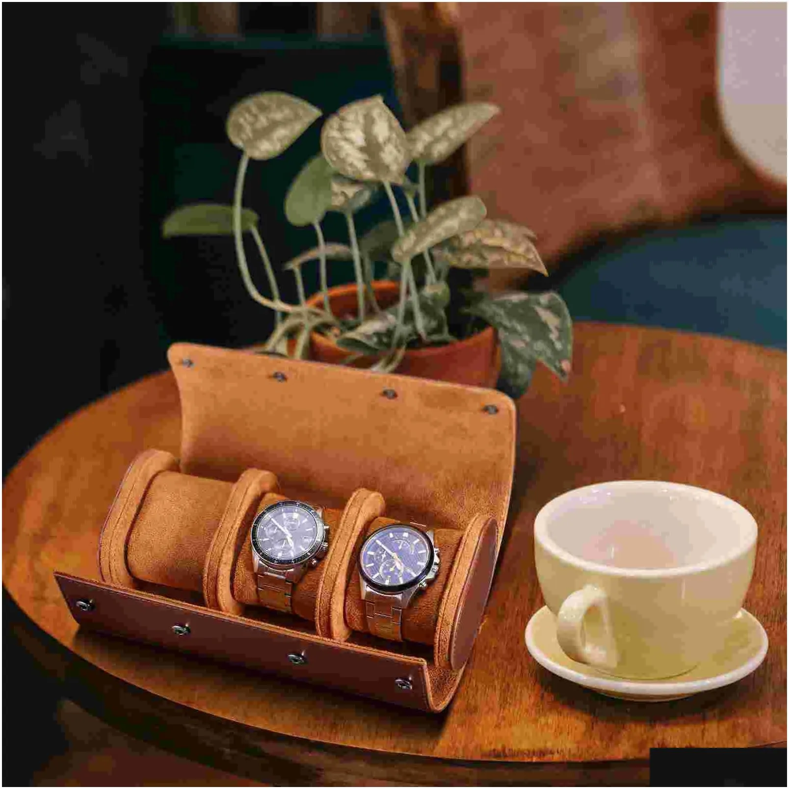 Watch Boxes & Cases Hemobllo Roll Travel Case 3 Slots Leather Rolls Box Organizer Brown 230206 Drop Delivery Watches Accessories Dhn4E