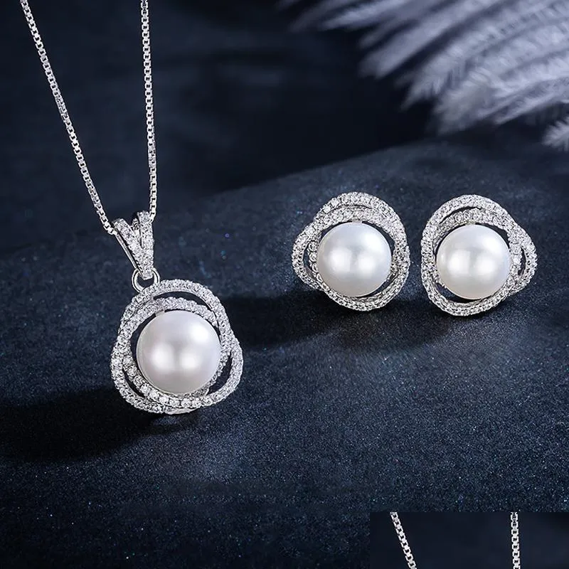 Earrings & Necklace Delicate Pearl Pendant Stud Set 9-10Mm Large Oblate Earring For Women Mom Anniversary Gift Jewelry High Dhgarden Dh5Rh